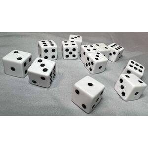 Set of 12 - Solid White Dice With Black Pips - 16mm Standard Game Dice